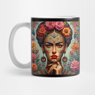 Latina woman folk art, frida kahlo looklike, flowers and tattoo Mug